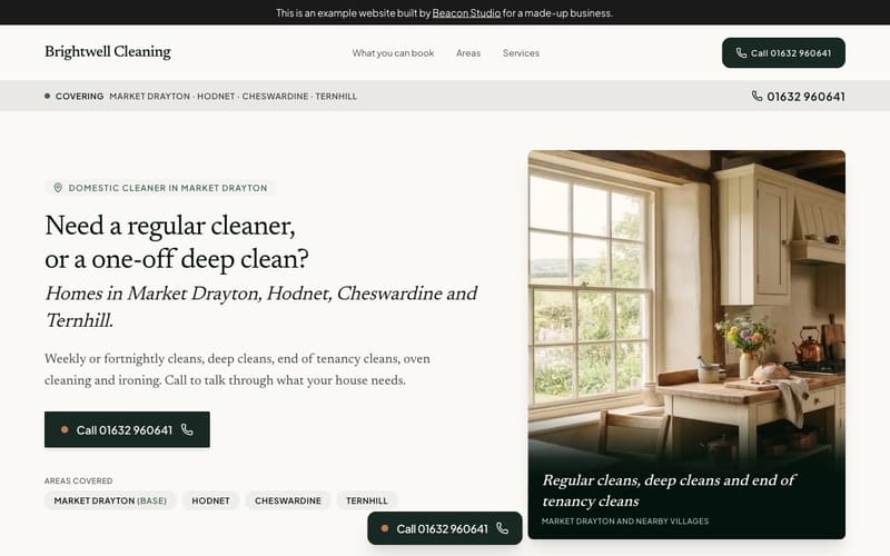 The top of the Brightwell Cleaning example: a cream page with a dark green call button beside a photo of a country kitchen.