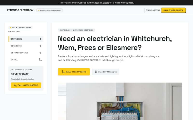 The top of the Fenmoss Electrical example: a large headline, a yellow call button and an index of the page's sections down the side.