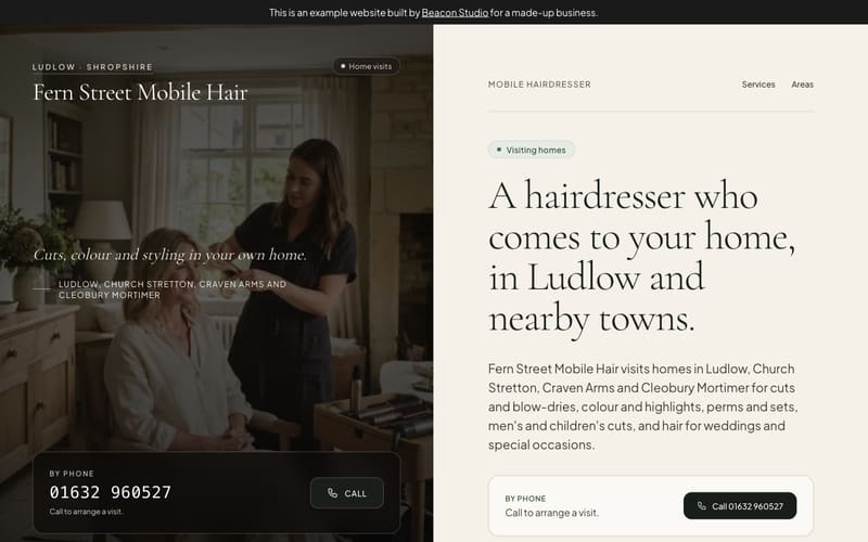 The top of the Fern Street Mobile Hair example: a photo of a hairdresser at work on the left and a large serif headline on the right.