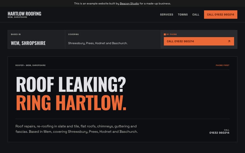 The top of the Hartlow Roofing example: a near-black page with a huge headline, "Roof leaking? Ring Hartlow.", half of it in brick orange.