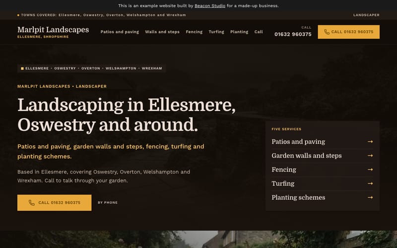 The top of the Marlpit Landscapes example: a dark brown page with a large serif headline, a marigold call button and a list of five services.