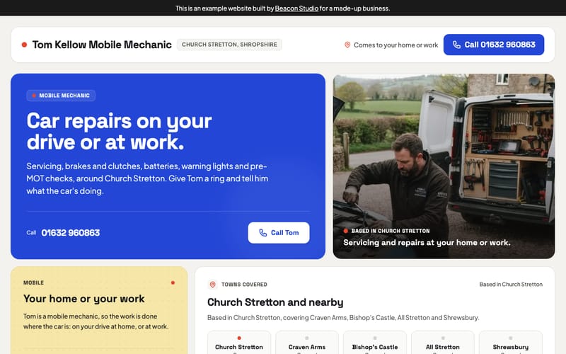The top of the Tom Kellow Mobile Mechanic example: a cobalt blue headline tile beside a photo of a mechanic at work by an open van.